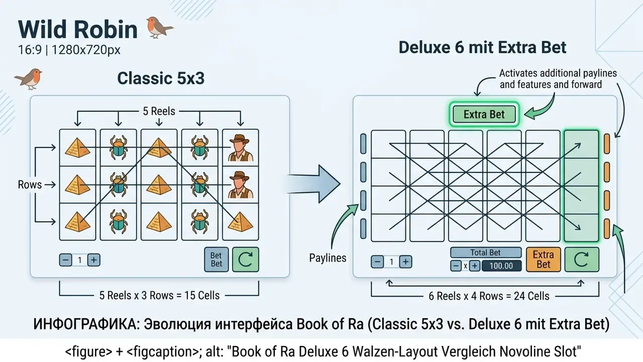 Book of Ra Deluxe 6 Walzen-Layout Vergleich Novoline Slot