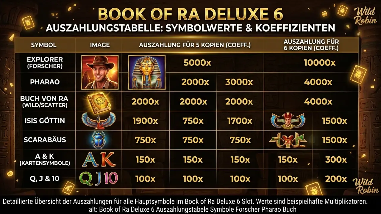 Book of Ra Deluxe 6 Auszahlungstabelle Symbole Forscher Pharao Buch